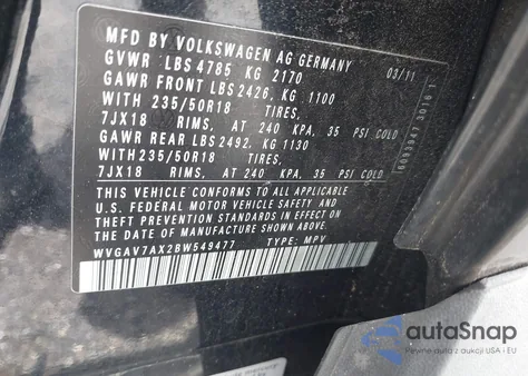 2011 Volkswagen Tiguan Se from USA, damaged, VIN WVGAV7AX2BW549477